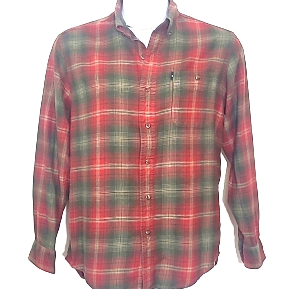Men's Plaid Flannel Button down Shirt Medium 100% Cotton Red Burgandy Tan Green
